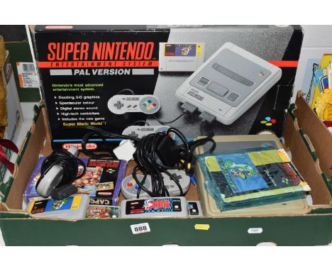 NINTENDO SNES VIDEO GAME CONSOLE BOXED WITH GAMES, includes Super Mario World, Street Fighter II Turbo (complete in box), Mr.