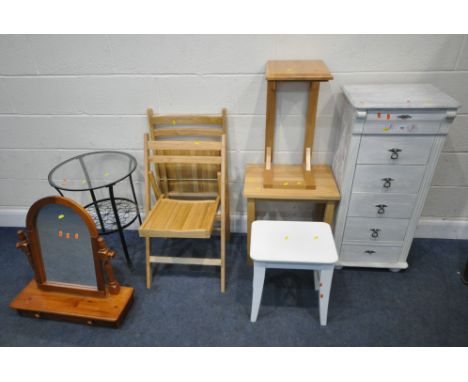 A SELECTION OF OCCASIONAL FURNITURE, to include a painted chest of six drawer, width 47cm x depth 37cm x height 102cm, an oak