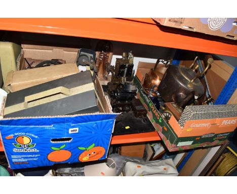 TWO BOXES AND LOOSE PROJECTORS AND METALWARES to include a vintage Pathe Baby projector, an Oxford Movie Editor, a Eumig S pr