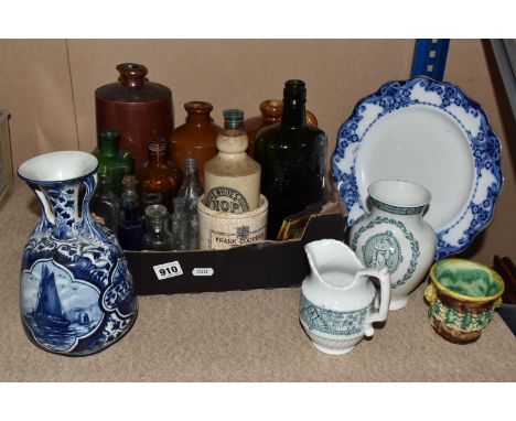 ONE BOX AND LOOSE VINTAGE BOTTLES AND MISCELLANEOUS, included a selection of ten medicine bottles, a Gordons Gin bottle green
