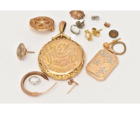 A SMALL BAG OF ASSORTED JEWELLERY, to include a 9ct gold rectangular locket with floral detail, fitted with a tapered bail, h