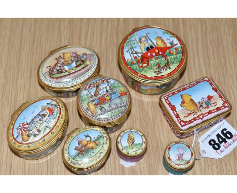 EIGHT HALCYON DAYS 'WINNIE THE POOH' ENAMEL TRINKET BOXES, comprising 'From the heart', 2006 trinket box depicting characters