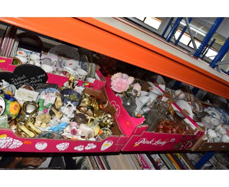 SIX BOXES OF ASSORTED ORNAMENTS, CERAMICS, AND GLASSWARE to include two boxes of mixed assorted tea and dinnerware to include