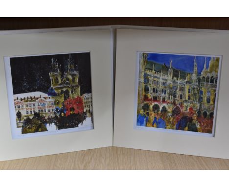 SUSAN BROWN (BRITISH CONTEMPORARY) TWO LIMITED EDITION CHRIATMAS THEMED PRINTS, comprising 'Marienplatz, Munchen' and 'The Ch