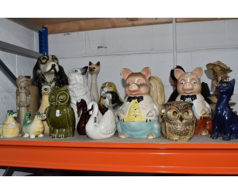 A GROUP OF CERAMIC FIGURES, ETC, to include a blue glazed art pottery figure of a cat, height 21cm (small chip on paw), Dartm