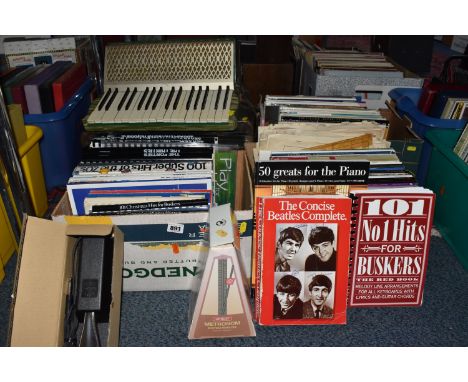 THREE BOXES OF SHEET MUSIC BOOKS AND A PIANO ACCORDION comprising three boxes of assorted mostly piano/keyboard sheet music b