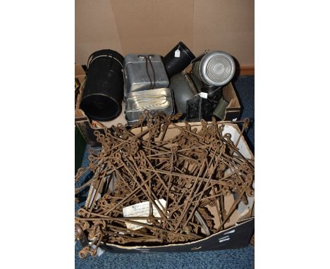 TWO BOXES OF EX BRITISH ARMY ITEMS AND SIMILAR, to include a quantity of 50 yard measuring chains, two lanterns, two Thermos 