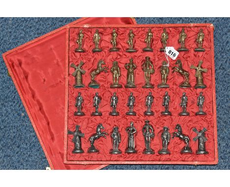 A PEWTER FIGURATIVE CHESS SET comprising all pieces in a thematic style, possibly continental in origin, windmill pieces have