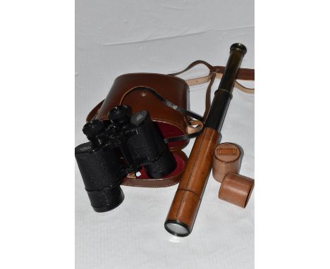 A TELESCOPE AND A PAIR OF BINOCULARS, the four draw telescope by Broadhurst Clarkson &amp; Co of 63 Farrington Road, London, 