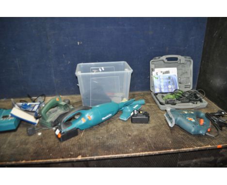 A SELECTION OF POWER TOOLS, including a Makita 18v car vac with two batteries and charger, a Bosch electric planer, an Exakt 