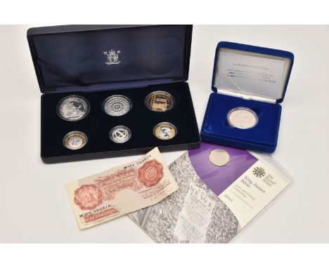 A ROYAL MINT SILVER SET OF 6 COINS, to include Britannia cased One Ounce Fine Silver Proof 2007 £2, a Five Pound 2007 Silver 