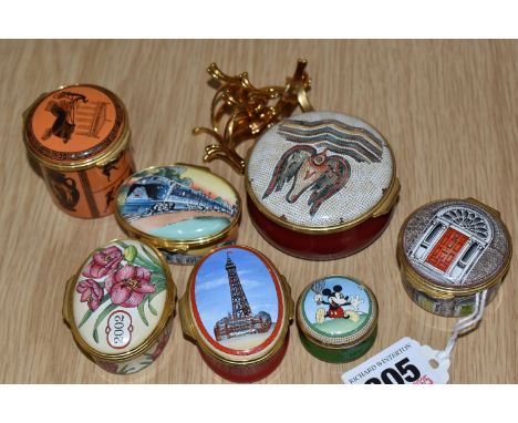 SEVEN ENAMELLED HALCYON DAYS TRINKET POTS to include a 1996 Mickey Mouse screw top dish (lid appears to be stuck) a 1994 limi