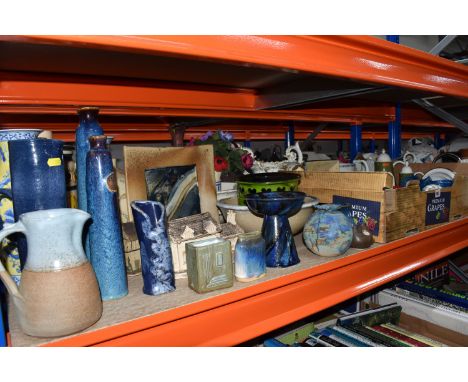 THREE BOXES AND LOOSE STUDIO POTTERY AND CERAMICS, to include a Kamini Studio Pottery vase, height 9cm, a blue candle holder 