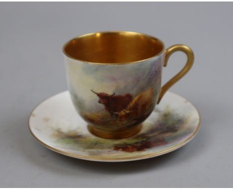 Royal Worcester Porcelain Demitasse hand-painted cup and saucer signed by H Stinton