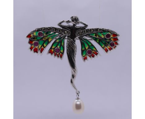 Silver and enamel winged lady pendant set with ruby 