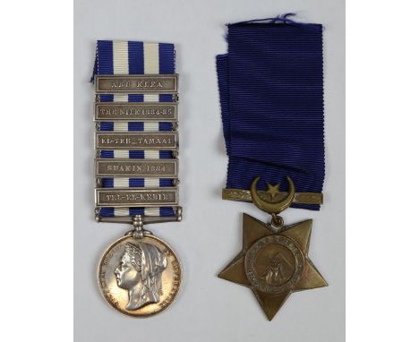 19th Hussars Egypt Medal 1882 with Khedive Star 1882 Private L J Kirk, 5 bar medal incl Abu-Klea Light pitting from star, GVF