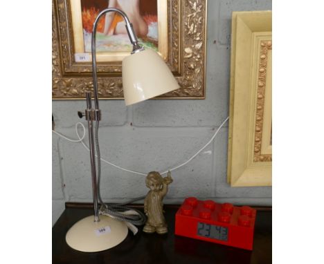 Lego clock together with Bakelite boy and rise and fall Deco style lamp 