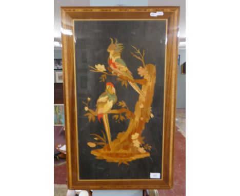 Inlaid marquetry panel depicting parrots 