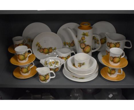 A mid-century J&amp;G Meakin coffee set, decorated with autumnal fruits and earthy tones