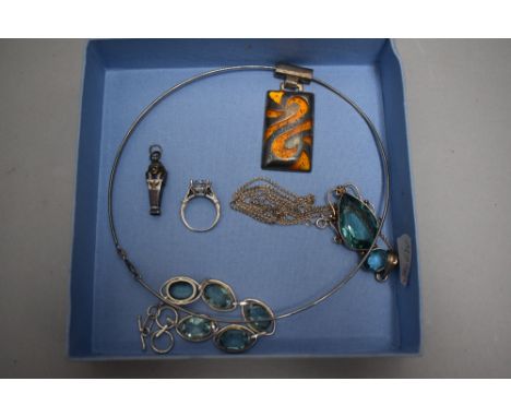 A small selection of white metal jewellery stamped 925 including bracelet, ring, Egyptian charm, pendant and Mexican necklace