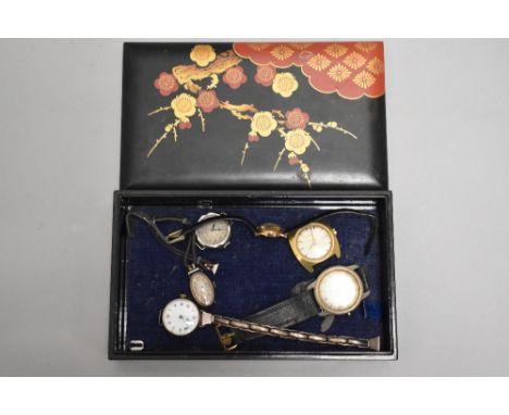 A small Oriental lacquered box containing  six vintage watches including Vivax automatic, HM silver etc