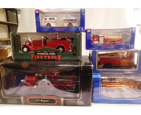 Six American fire engines, various scales and makes, includes 1937 Ahrens-fox money bank, all in good condition, boxes mostly