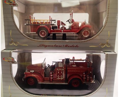 Two signature models 1/43 scale fire engines 1928 Studebaker fire truck and 1941 G.M.C fire truck, both excellent condition, 