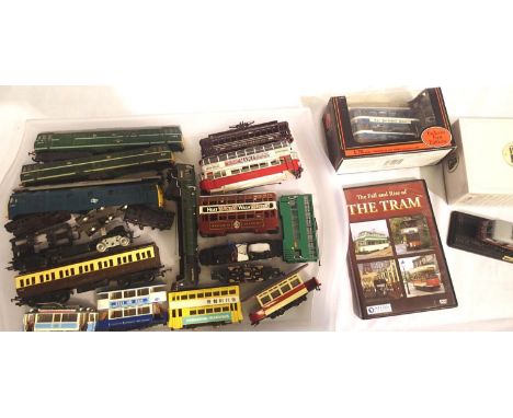 OO scale: selection of model trams including one motorised, chassis, bodies etc and a quantity of diesel and steam body shell