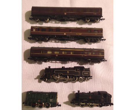 Three N gauge Grafar locomotives to include 2.6.4 tank 80064, Pannier tank 8401, class 08 diesel green D4019, plus three maro