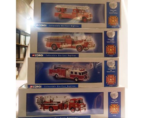 Four Corgi American fire engines, US53803, US51503, 54902, 53001, all in very good condition, boxes with wear. P&amp;P Group 