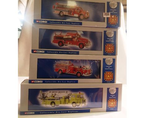 Four Corgi American fire engines, US53802, US50501, 51502, 52404 all in very good condition, boxes have wear. P&amp;P Group 2