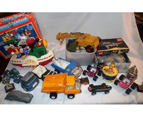 Mixed toys including Pedigree Disney show boat, Tonka Toys, Scalextric tinplate racing car, Lego, Meccano etc, mostly playwor
