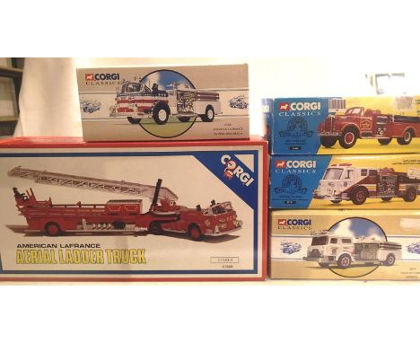 Five Corgi American fire engines 97320, 97395, 52602, 51701, 98451, all in very good condition, boxes with wear. P&amp;P Grou