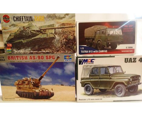 Four 1/72 scale military kits to include Trumpeter AS90 SPG, Airfix Chieftain tank, Armada Hobby Tatra 813, Mac UA2469, all a