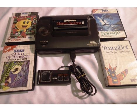 Sega Master System II base unit with one controller and four games. Three complete with paperwork, Castle of Illusion game on