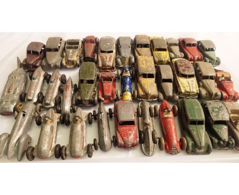 Thirty three Dinky toys to include cars and racing cars, all playworn, suitable for re-furbishment. P&amp;P Group 2 (£18+VAT 