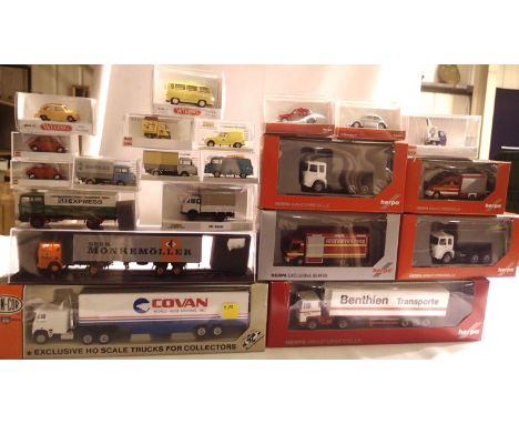 Twenty one HO scale 1/87 scale vehicles to include Herpa, Con-cor, Wiking, Busch etc mostly in excellent condition, storage w