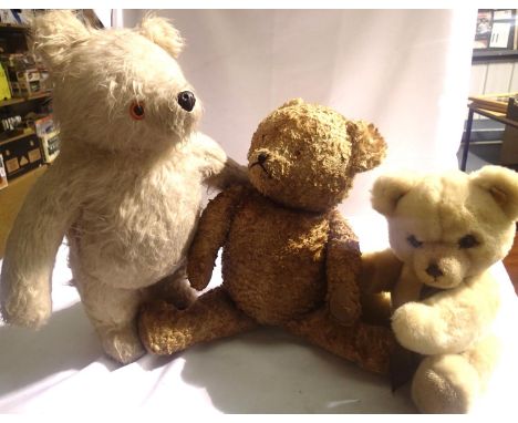 Three bears: Steiff plush honey jointed H: 38 cm, Gabrielle off white fixed H: 45 cm and an unknown brown jointed bear, H: 50