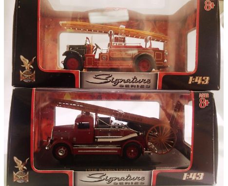 Two signature models 1/43 scales fire engines 1934 Leyland FK-1 and 1938 Denms light four, both excellent condition, boxes. P