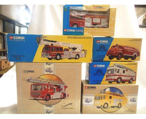 Six Corgi UK fire engines 32001, 19201, 21901, 97360, TY87102, 97385, all in very good condition, boxes have wear. P&amp;P Gr