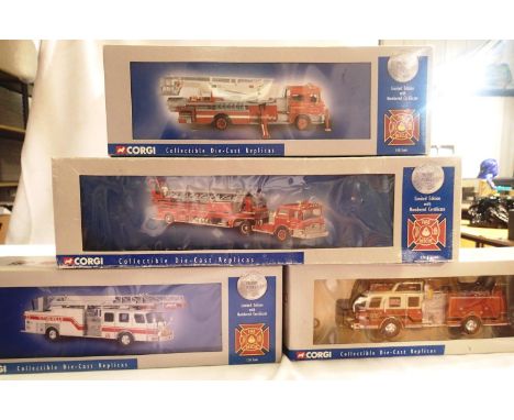 Four Corgi American fire engines, 54704, 54904, 52103, 53801, all in very good condition, boxes with wear. P&amp;P Group 2 (£
