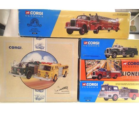 Five Corgi American fire engines, 97331, 52701, 52003, 52401, 52402 all in very good condition, boxes have wear. P&amp;P Grou