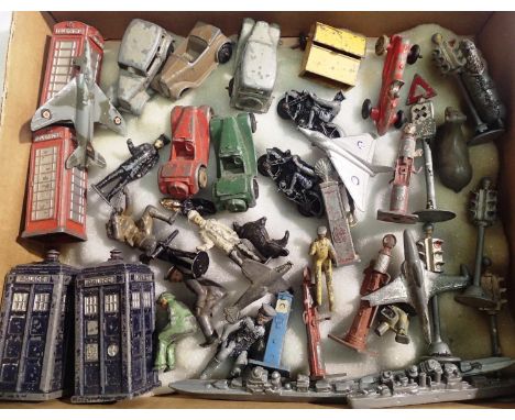 Selection of mostly Dinky Toys to include miniature cars, phone boxes, police boxes, petrol pumps, signs, figures, aircraft, 