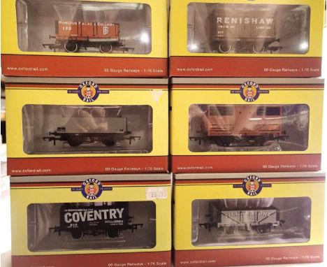 Six OO scale Oxford rail wagons, all different, near mint/ boxed, some price labels. P&amp;P Group 1 (£14+VAT for the first l