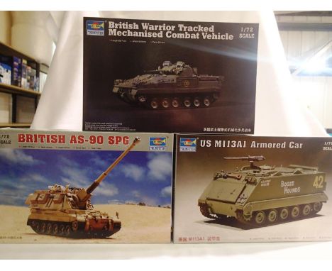 Three Trumpeter military related 1/72 scale kits to include M113A1 armoured car, Warrior tracked, British AS-90 SPG, all as n