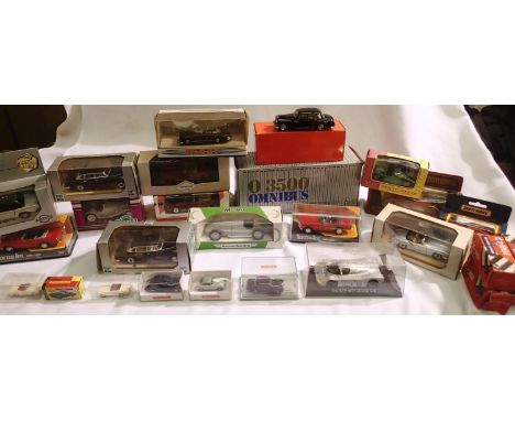 Twenty five boxed die-cast and plastic vehicles, mostly Mercedes Benz, various makes and scales, mostly in good condition, we