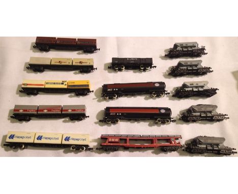 Fourteen N gauge Bogie type wagons including five containers, two tankers, car transporter, sulphate, five hoppers, Grafar, L