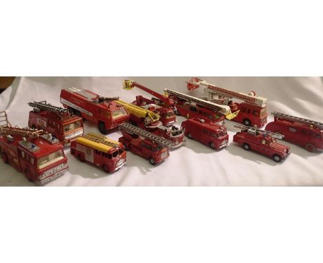 Twelve assorted fire engines to include Dinky, Corgi, Matchbox, some re-finished, mostly in good condition, all unboxed. P&am