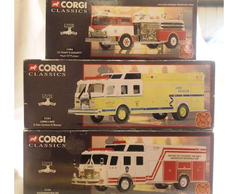 Three Corgi American fire engines 52204, 52203, 52004, all in very good condition, boxes have wear. P&amp;P Group 1 (£14+VAT 