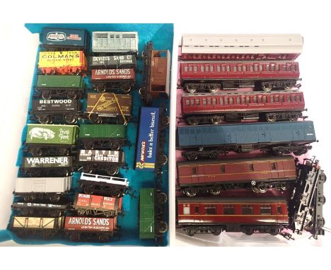 OO scale: twenty one assorted wagons, various makes and six coaches/and including three repainted Triang Clerestory coaches. 